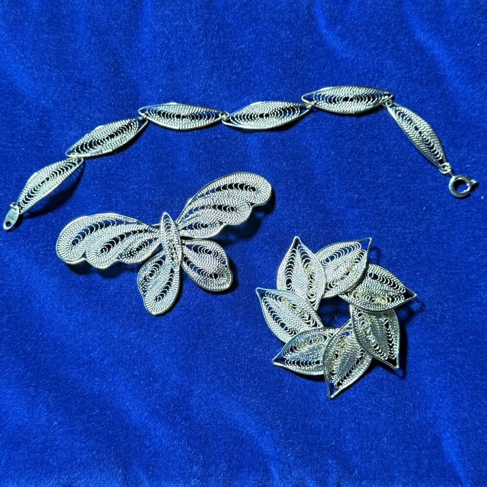 Vintage Filigree Jewelry Lot Trifari‎ Bracelet + 2 Brooches Gold Tone